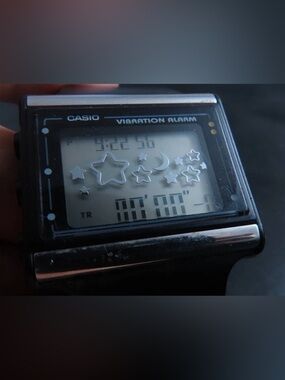 Vintage Casio Black Digital Vibration Alarm Watch STARS & MOON